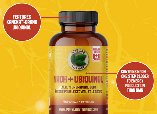 Supplement bottle with a yellow background and red labels