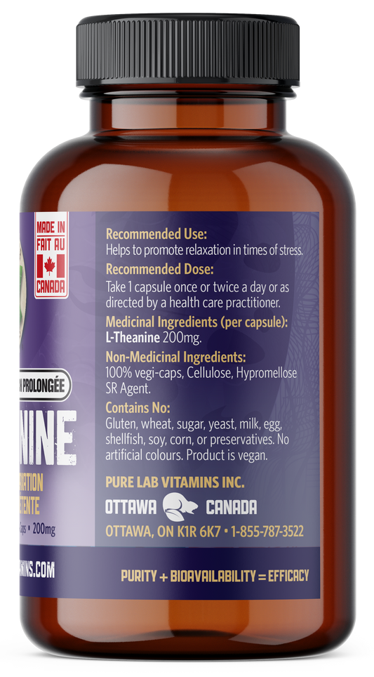 Brown supplement bottle with purple label on a white background