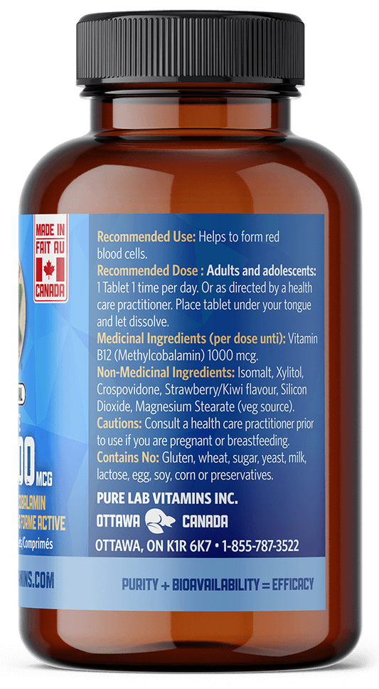 Brown supplement bottle with blue label on a black background