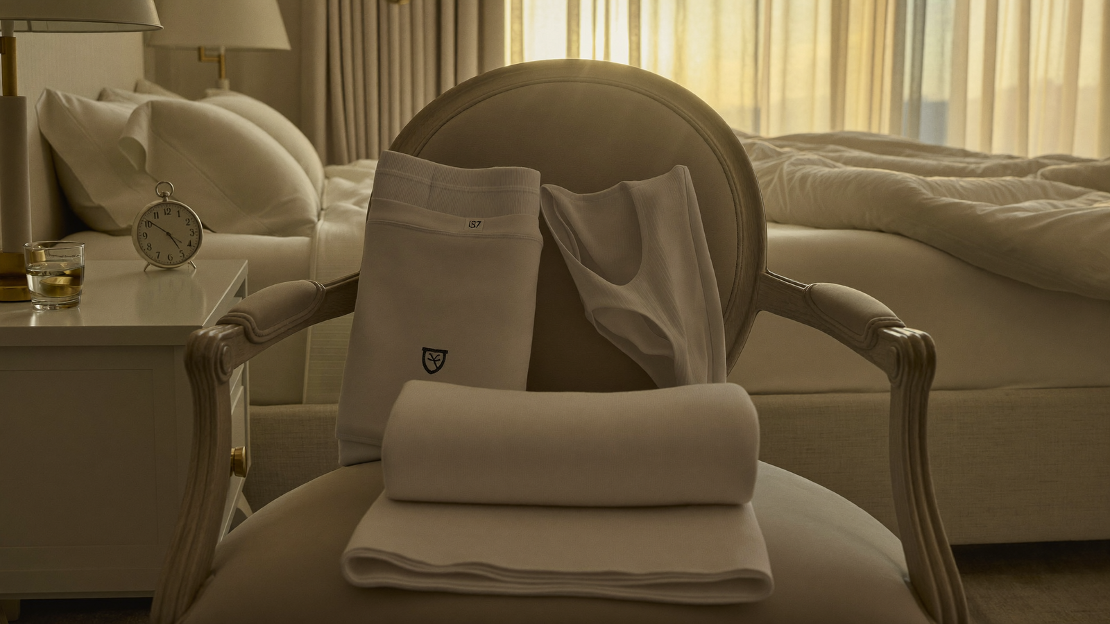 Workout set laid out over a chair in soft dawn light — the moment mental fitness decides