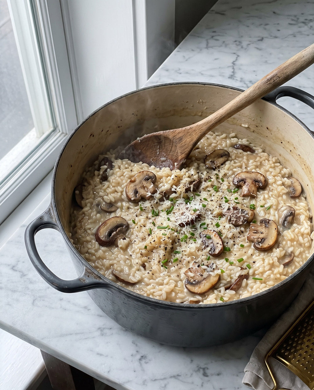 Creamy truffle mushroom risotto in a cast-iron Dutch oven on a marble counter