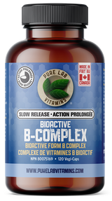 Brown supplement bottle labeled 'Bioactive B-Complex' with blue label on a white background