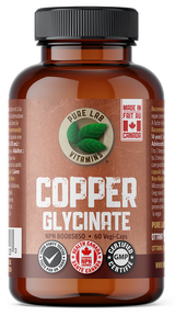 Brown supplement bottle labeled 'Copper Glycinate' with a black lid on a white background