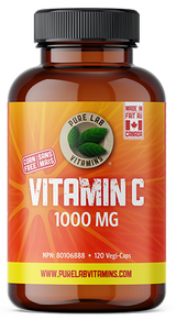Vitamin C supplement bottle with orange label on a white background