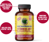 Vitamin K2-MK7 supplement bottle with text highlighting features on a white background