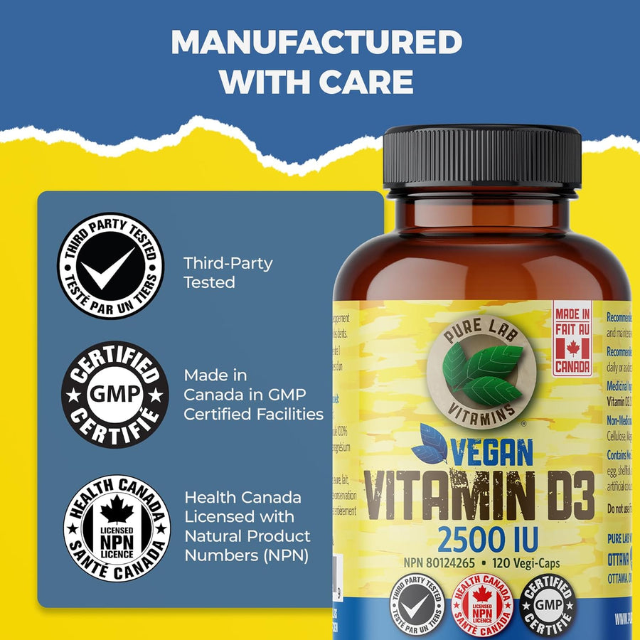 PURE LAB VITAMINS Vegan Vitamin D3 2500 IU (Dry, Crystalline, Pine Source) 120 V-Caps