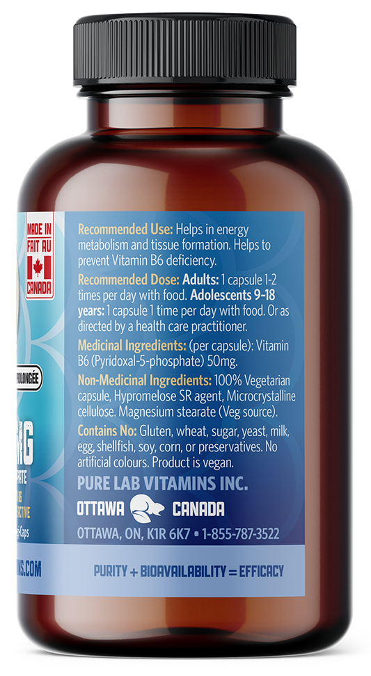 Brown supplement bottle with blue label on a white background